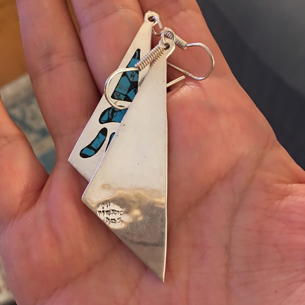 Inlay turquoise sterling silver earrings - Picture 2 of 6